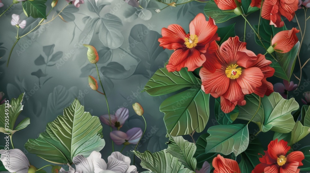Wall mural Fashion oil painting Red hibiscus flower on a dark green background, pastel flowers, peonies, roses, echeveria succulent, white hydrangea, ranunculus, anemone, and eucalyptus, design wedding bouquets. - Wall murals