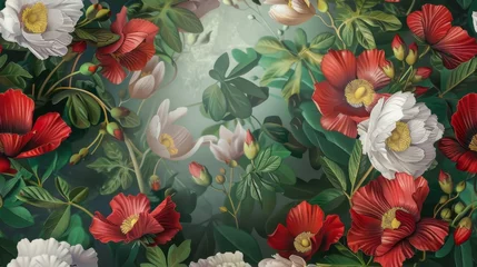 Behang Fashion oil painting Red hibiscus flower on a dark green background, pastel flowers, peonies, roses, echeveria succulent, white hydrangea, ranunculus, anemone, and eucalyptus, design wedding bouquets. © ND STOCK