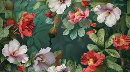 Tuinposter Fashion oil painting Red hibiscus flower on a dark green background, pastel flowers, peonies, roses, echeveria succulent, white hydrangea, ranunculus, anemone, and eucalyptus, design wedding bouquets. © ND STOCK