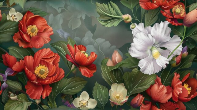 Fashion oil painting Red hibiscus flower on a dark green background, pastel flowers, peonies, roses, echeveria succulent, white hydrangea, ranunculus, anemone, and eucalyptus, design wedding bouquets.