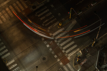 aerial top view Street traffic timelapse of traffic on the road. Blurred cars light trails.