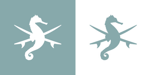 Logo club de surf. Silueta de caballo de mar sobre tablas de surf cruzadas	