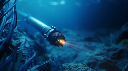 A high-tech submarine fiber-optic cable used for global underwater communication, transmitting data across oceans with high-speed internet connectivity. - obrazy, fototapety, plakaty