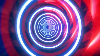 hypnotic spiral, CG animated, red white & blue neon colors, retro synthwave aesthetic