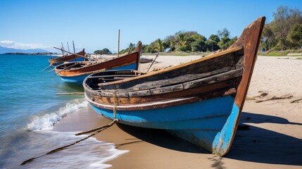 Naklejka na ściany i meble Traditional wooden boats lined up on the shore, Vacation Concept