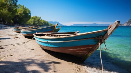 Fototapeta na wymiar Traditional wooden boats lined up on the shore, Vacation Concept