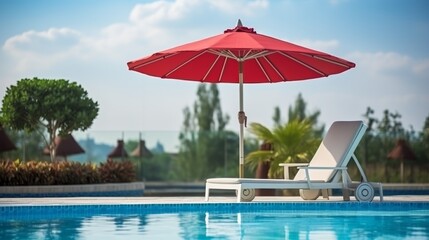 Umbrella and chair around outdoor swimming pool in resort hotel, Vacation Concept