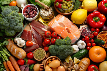 healthy balanced diet food ingredients - obrazy, fototapety, plakaty