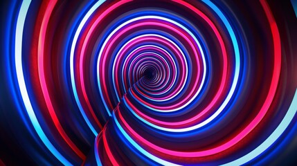 hypnotic spiral, CG animated, red white & blue neon colors, retro synthwave aesthetic