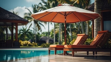 Umbrella and chair around outdoor swimming pool in resort hotel, Vacation Concept