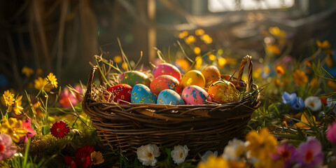 Happy Easter background concept with easter eggs in nest and spring flowers - obrazy, fototapety, plakaty