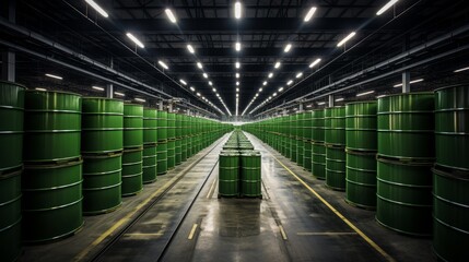 Warehouse filled with rows of green barrels