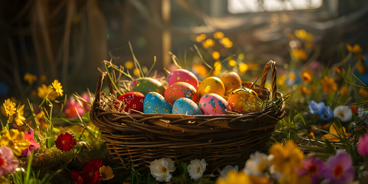 Happy Easter background concept with easter eggs in nest and spring flowers