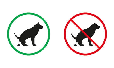 Dog Pooping Warning Sign. Pet Shitting Silhouette Icons Set. Animal Poop Allowed, Pet Defecate Prohibited Place Symbol. Isolated Vector Illustration