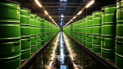 Warehouse filled with rows of green barrels - obrazy, fototapety, plakaty