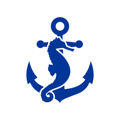 Logo Nautical. Club de yate. Silueta de caballo de mar con ancla de barco