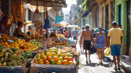 Fototapeta na wymiar Bustling Street Market Scene in Havana with Locals Shopping for Fresh Fruits and Vegetables, Vibrant Daily Life in Cuba