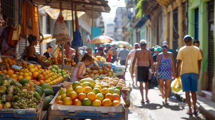 Tuinposter Bustling Street Market Scene in Havana with Locals Shopping for Fresh Fruits and Vegetables, Vibrant Daily Life in Cuba © Marina