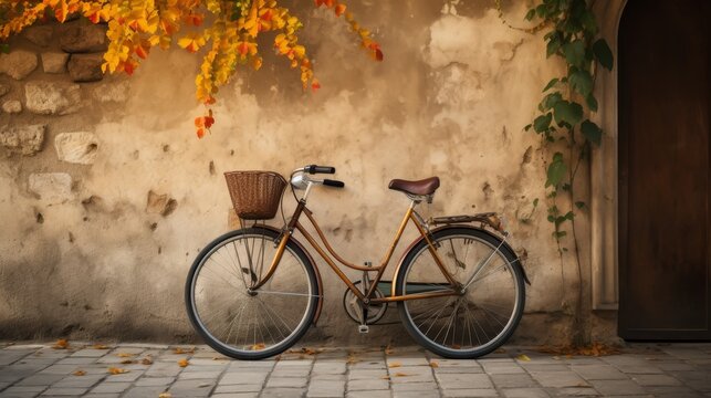 Vintage bicycle leans against a rustic wall