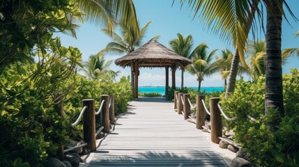 Fototapeta na wymiar Walkway with palm trees leading to a tropical beach