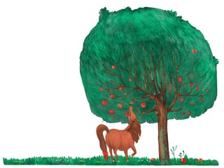 Cute pony feasts on apples from a fairy tree, digital illustration, postcard, congratulation
