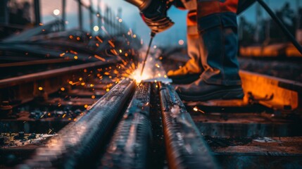 a beautiful studio quality picture of a welder welding structural steel. The picture is taken close up at an angle close enough to appreciate the quality of the welder - obrazy, fototapety, plakaty