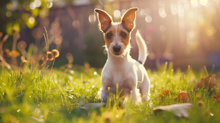 Adorable pedigreed Smooth Fox Terrier happily - obrazy, fototapety, plakaty