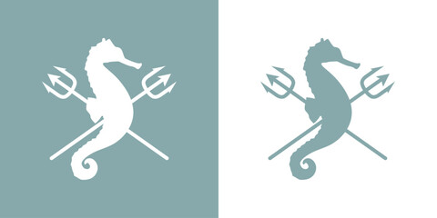 Logo Nautical. Club de yate. Silueta de caballo de mar con tridentes de poseidón cruzados - obrazy, fototapety, plakaty