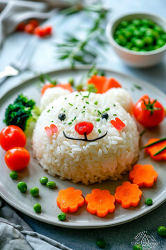 Naklejki A plate with children food in the shape of an animal. Selective focus.