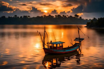 Fishing boat at sunset time,Fishing boat at sunset time. Le Morn Brabant on background. Mauritius. Panorama landscape