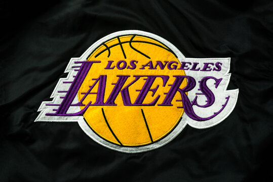 Closeup of Los Angeles Lakers team logo brand on the textile. Los Angeles Lakers team logo of professional basketball club in american league