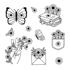 set of isolated outline  retro flower, books, butterfly - 750552510