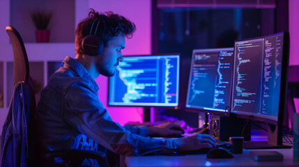 Dedicated Programmer Engrossed in Code: A Software Developer Working Late at Night Surrounded by Multiple Screens Illuminated by Neon Lights