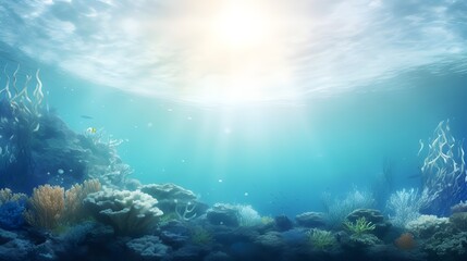 Blue decorative background with realistic underwater scene with light rays
