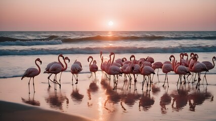 flamingos on the beach at sunset
