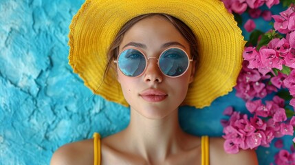 beautiful girl in a straw hat and sunglasses on a background of blooming spring summer flowers