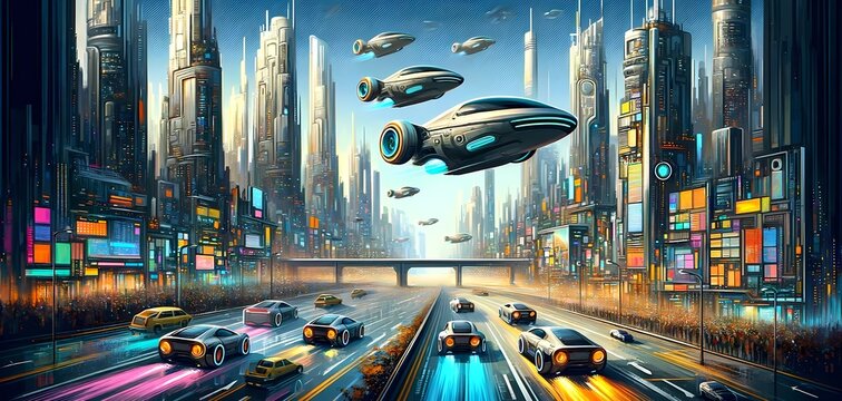 Futuristic Cityscape with Hovering Cars - Modern Urban Life with Copyspace