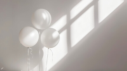 Aesthetic light background with three white balloons. Greeting anniversary card concept. Copy space. Generative AI