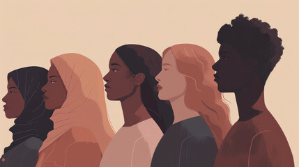 A lineup of women in profile, showcasing cultural diversity through different skin tones and headscarves - obrazy, fototapety, plakaty