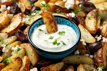 Greek fried potatoes with feta cheese, kalamata olives, parsley and dill