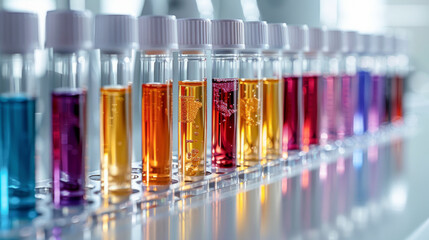 Array of multicolored samples in test tubes, displayed in a row, lab research context.