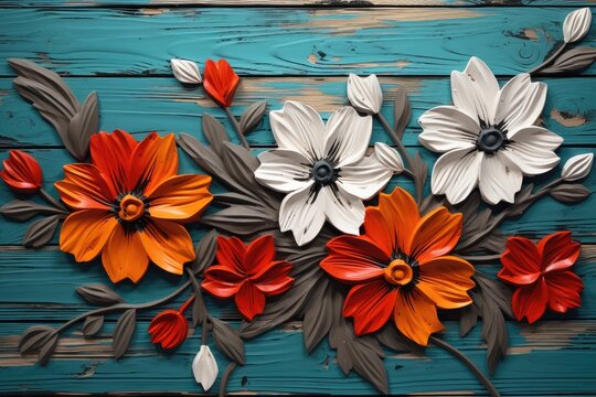 Naklejki Handcrafted Floral Array on Turquoise Wooden Canvas - An Artistic Touch Generative AI
