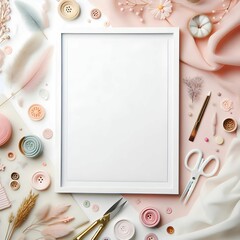 Crafting Time: Colorful Buttons, Scissors, and Craft Supplies on White Frame Mockup