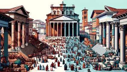 Ancient Roman Forum - Bustling Public Square Pixel-Art - obrazy, fototapety, plakaty