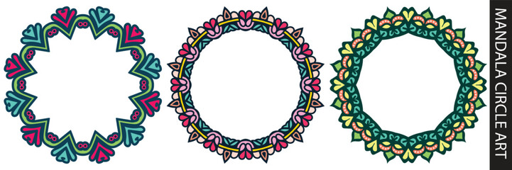 mandala flowers art border colorful design set.