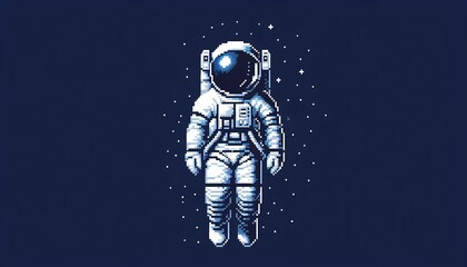 Pixel-Art Astronaut Floating in Space - Isolated on Navy Blue