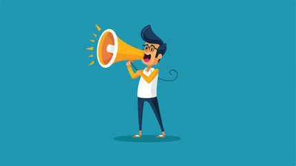 Character with bullhorn or megaphone with an announce - obrazy, fototapety, plakaty