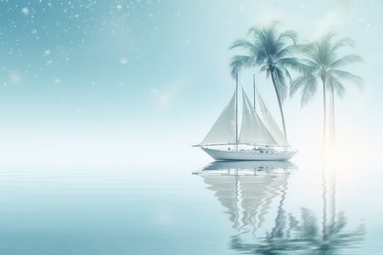 Serene Silver Sailboat on Calm Waters Under Tropical Palms - Generative AI