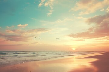 Obraz premium Serene Dawn: Seagulls Soaring over a Radiant Beach at Sunrise - Generative AI