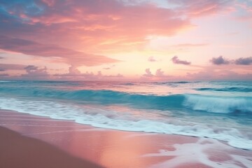 Obraz premium Serene Dawn: Seagulls Soaring over a Radiant Beach at Sunrise - Generative AI